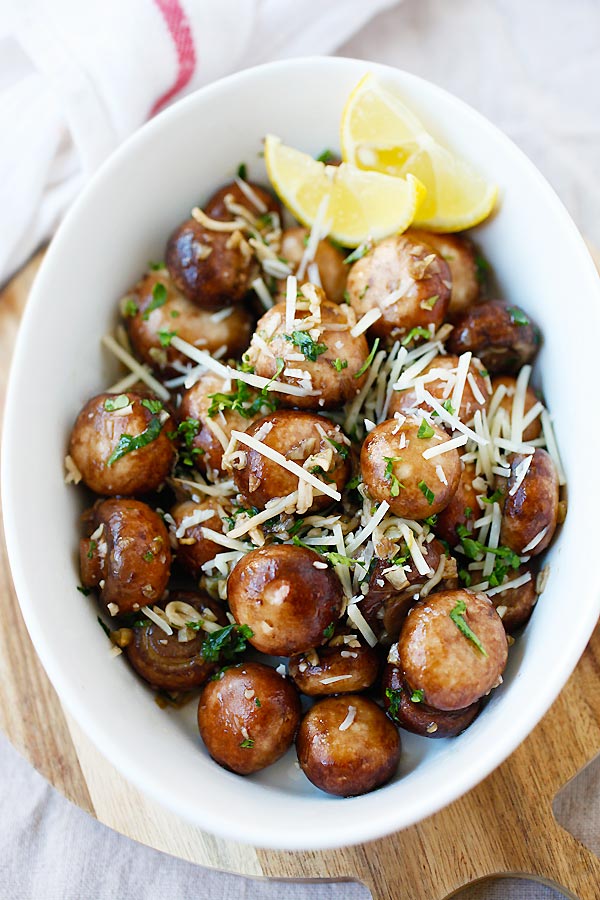 Garlic Herb Sauteed Mushrooms in a white serving dish.