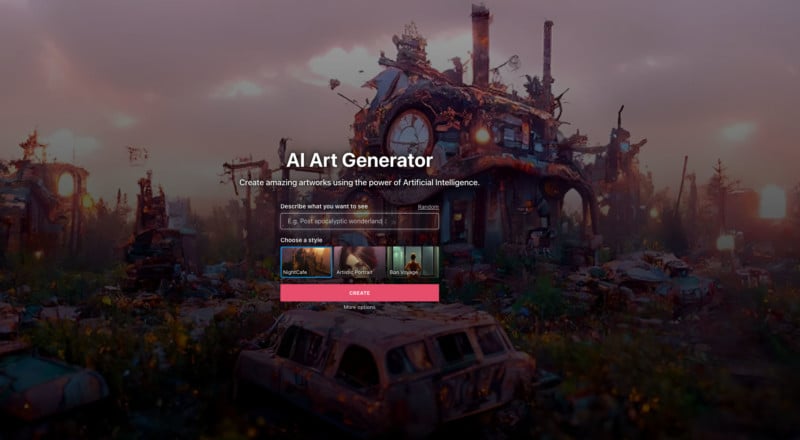 A digital art generator interface with a post-apocalyptic landscape backdrop featuring a rusted car and dilapidated buildings at sunset.