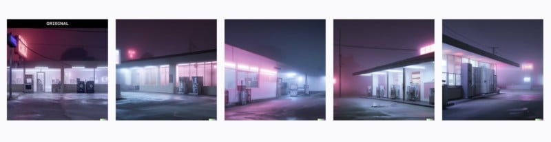A series of four images showing a gas station at night under a hazy, foggy atmosphere with pink and white neon lights illuminating the pumps and building.