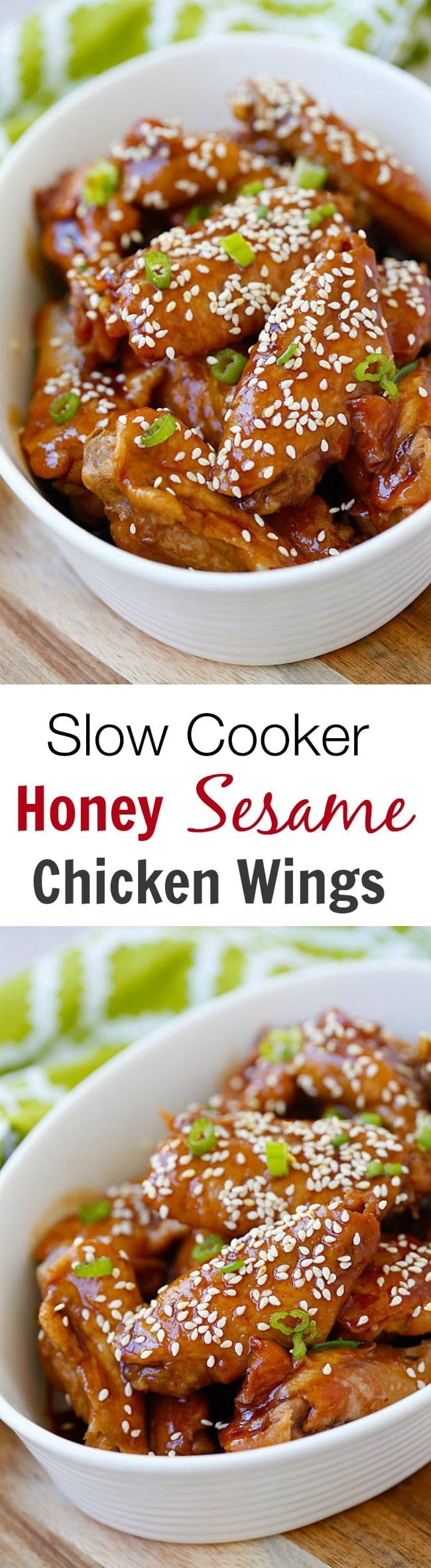 Slow Cooker Honey Sesame Chicken Wings – crazy delicious chicken wings in a sticky savory honey sesame sauce. 10 mins prep time & dinner is ready! | rasamalaysia.com