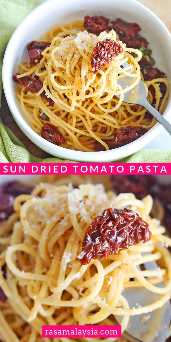 Easy homemade sun dried tomato pasta with spaghetti, olive oil, garlic and loads of sun dried tomatoes. This pasta is so delicious and takes only 15 minutes to make!