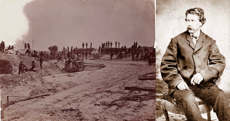 A historical photo showing soldiers standing and working in a trench during wartime on the left. On the right, a black and white portrait of a man with a bushy mustache, seated, wearing a suit, and looking to the side.